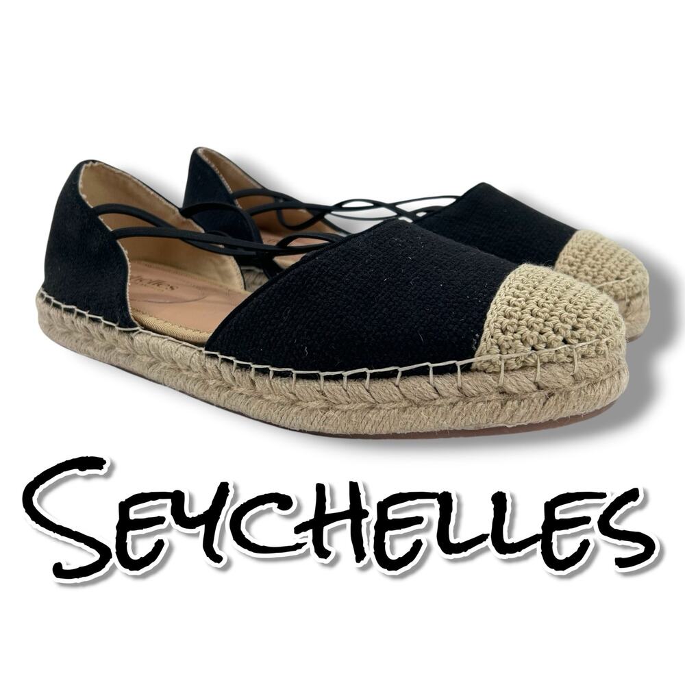 Seychelles Jessie Espadrille Flats 8 Black Canvas Crisscross Strappy Coastal